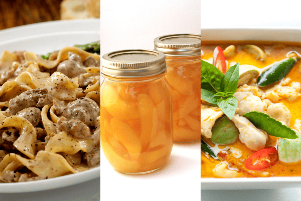 collage image of other recipe posts on the blog, canned peaches, curry soup, and stroganoff