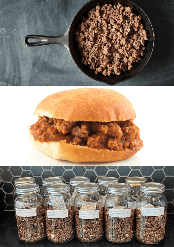 collage image with browned ground beef, sloppy joe, and preserved ground beef in mason jars