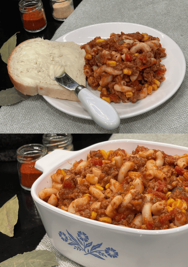 southern goulash in a casserole dish and served on a plate