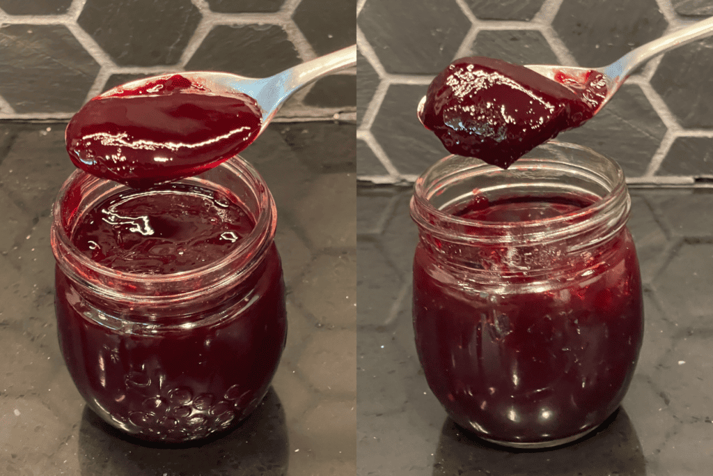 displaying the difference in the sugar-free jelly consistency before and after refrigeration, jelly after refrigeration is thicker